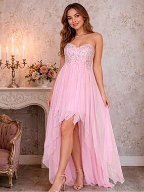 🎀 Pink Strapless Chiffon Gown Dress w/ Embellished Floral Sequin Bodice 🎀NWT